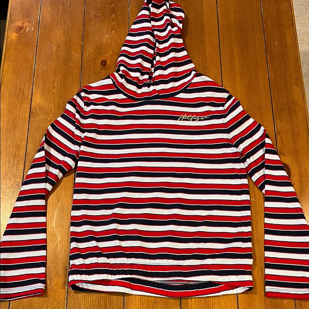 Tommy Hilfiger Red White Blue Striped Hooded Pullover Girls Size L (12/14) EUC
